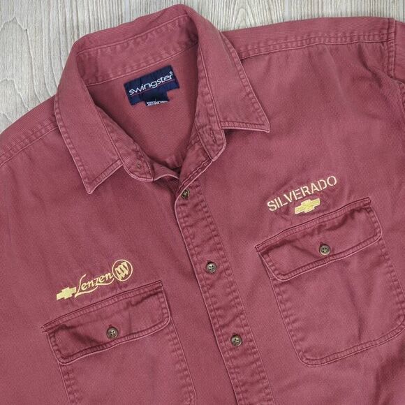 Swingster Mens Large Button Down Shirt Burgundy Chevrolet Silverado Embroidered - Picture 4 of 6